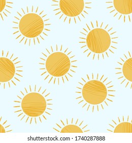 Seamless pattern with cute textured cartoon yellow shiny suns on blue sky. Funny vector sun texture for kids textile design, wrapping paper, surface, wallpaper, background