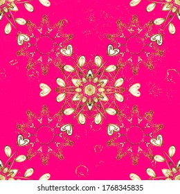 Seamless pattern. Cute textured curls. Pictures in magenta and brown colors. Vector design. Oriental style arabesques. Openwork weaving delicate, nice background. Brilliant lace, stylized flowers.
