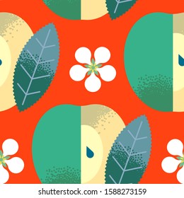 Seamless pattern of cute textured green apple, leaf, flower