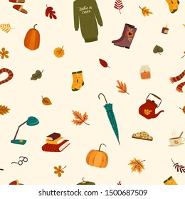 Seamless pattern with cute things and autumn leaves. Vector background for various surface. Trendy hand drawn textures.