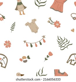 Seamless pattern with cute things for baby in boho style. Vector illustration isolated on white background for nursery and textile decoration