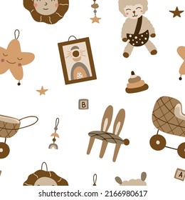 Patrón sin foco con cosas lindas para el bebé al estilo boho. Ilustración vectorial aislada en fondo blanco para decoración de vivero y textil