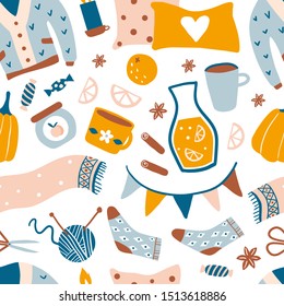 Seamless pattern with cute things and objects for home interior, knitting, socks, candle, cacao. Flat style hand drawn elements isolated on white. Comfortable hygge lifestyle. Autumn or winter mood