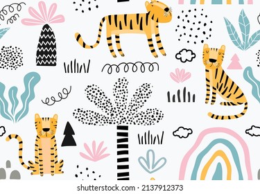 Seamless pattern with cute tiger.