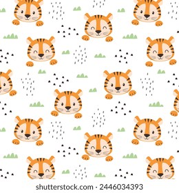 Seamless pattern with cute tiger animal. Vector illustration in flat style for fabric wrapping paper textile poster.