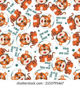 Seamless Pattern Of Cute Tiger Astronaut Exploring The Red Planet. Mission To Search For Traces Of Life. Creative Vector Childish Background For Fabric Textile, Nursery Wallpaper, And Other Decoration