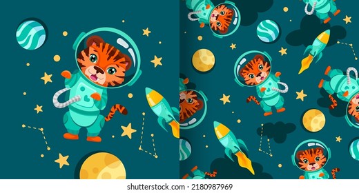 Seamless pattern with cute Tiger astronaut in the open space on colorful background for children wallpapers, textile print or for nursery design. Vector cartoon illustration