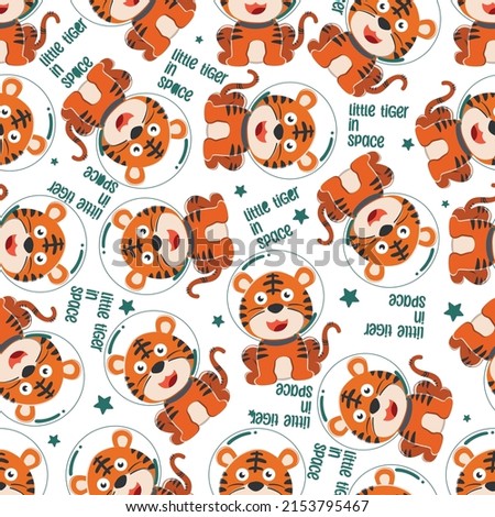 Seamless pattern of cute tiger astronaut exploring the red planet. Mission to search for traces of life. Creative vector childish background for fabric textile, nursery wallpaper, and other decoration