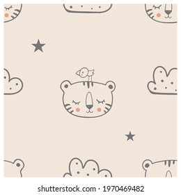 Seamless Pattern with cute tiger  bird and clouds. Hand drawn vector illustration. Can be used for t-shirt print, kids wear fashion design, baby shower invitation card.