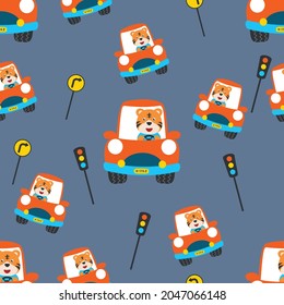 seamless pattern of cute tiger cartoon having fun driving a city car on sunny day. Can be used for t-shirt print, Creative vector childish background for fabric textile, and other decoration.