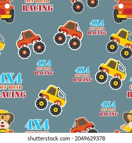 Seamless pattern cute tiger cartoon having fun driving a off road car. Can be used for t-shirt print,  Creative vector childish background for fabric, textile, nursery wallpaper, and other decoration.