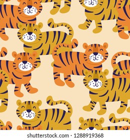 Seamless pattern with cute tiger character. Childish background for fabric, wrapping paper, textile, wallpaper apparel and nursery decoration