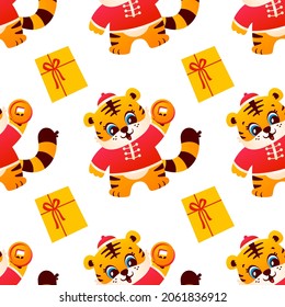 Seamless pattern of cute tiger in chinese costume with coin character symbol Happy New Year funny illustration isolated on white background. Vector art