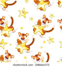 Seamless pattern with a cute tiger cub with a star, a symbol of the new 2022. Vector illustration for postcard, banner, textile.