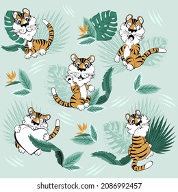 Seamless pattern with cute tiger cub on a background with tropical green leaves, a symbol of the new 2022. Vector illustration for banner, postcard, textile, wallpaper