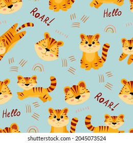 Seamless pattern with cute tiger cubs. Big tabby cat. Endangered animals. Tigers Symbol of 2022. Vector illustration isolated on white background