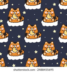 Seamless pattern of cute tiger doll hold moon at nigth sky star background.Wild animal character cartoon design.Image for card,sticker,baby clothing.Kawaii.Vector.Illustration.