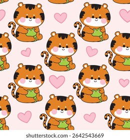 Seamless pattern of cute tiger doll hug tiny frog with heart pastel background.Friend.Love.Reptile and wild animal character cartoon design.Painting book.Kawaii.Vector.Illustration.