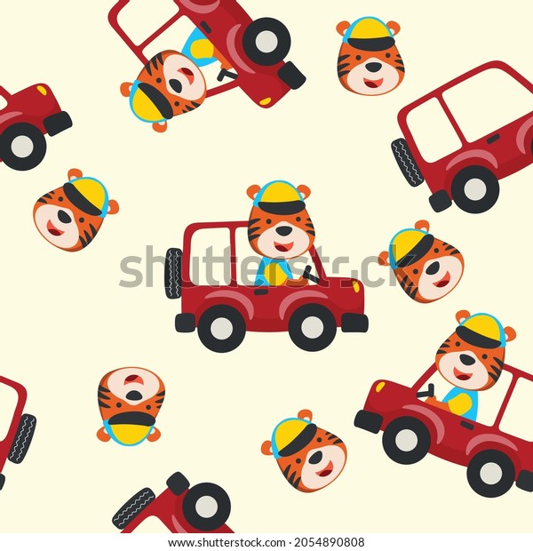 Seamless pattern of Cute tiger driving a car\
go to forest funny animal cartoon. Creative vector childish\
background for fabric textile, nursery, baby clothes, wrapping\
paper and other\
decoration.