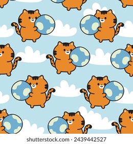 Seamless pattern of cute tiger with the earth on cloud sky background.Wild animal character cartoon design.Baby clothing.Kawaii.Vector.Illustration.