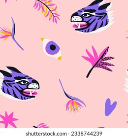 Seamless pattern with cute tiger, eye, banana leaf, palm tree on the pink background. Cartoon vector illustration for fabric design, textiles, wallpaper, packaging, cover.
