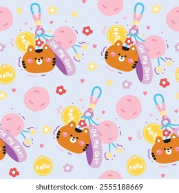 Seamless pattern of cute tiger face head keychain bag with bead and furry ball background.Hello text.Star,flower,heart.Wild animal cartoon.Image for card,sticker,decoration item.Kawaii.