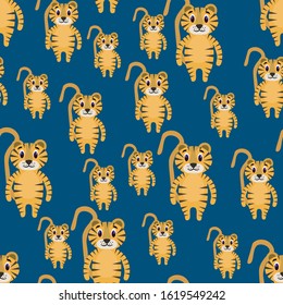 Seamless pattern with cute tiger in a flat style on a blue background. Stock vector illustration for decoration and design, packaging, wallpaper, wrapping paper, fabrics, posters, postcards, web pages