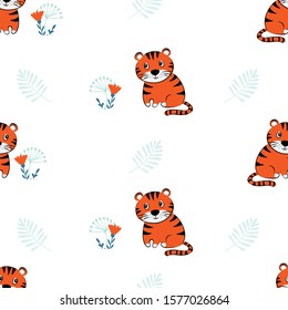 Seamless pattern cute tiger, funny baby print on clothes