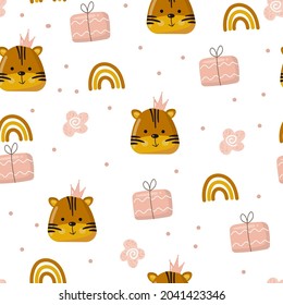 Seamless pattern with cute tiger, gift box, flower, rainbow, dots on white background. Vector illustration for wallpaper, textile, decor, design.