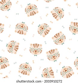 Seamless pattern with cute tiger in glasses and bow tie. Background with wild animals in flat style. Illustration for kids. Design for wallpaper, fabric, textiles, wrapping paper. Vector