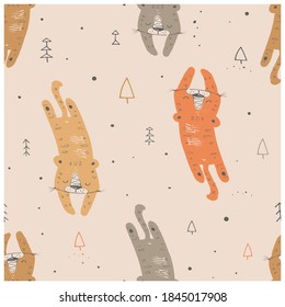 Seamless pattern with cute tiger. Hand drawn vector illustration.