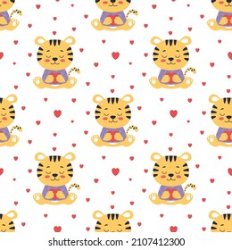 seamless pattern with cute tiger and heart isolated on white background, vector illustration in flat style