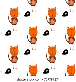 Seamless pattern with cute tiger and hearts. Character vector illustration
