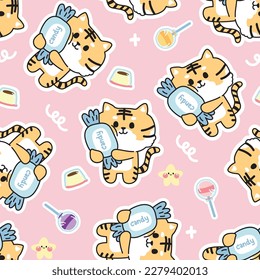 Seamless pattern of cute tiger hug candy cartoon sticker on pink background.Animal and sweet dessert hand drawn.Baby clothing.Pet costume.Kawaii.Vector.Illustration.