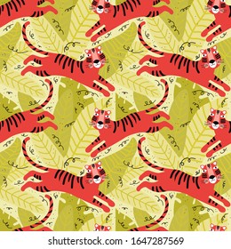 Seamless pattern cute tiger in the jungle. Funny cartoon character wild animal. Background cute wild cats in tropical leaves. Scandinavian style flat design. Rainforest, savannah animal. Zoo, safari 