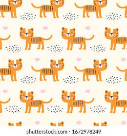 Seamless pattern with cute tiger. Kids vector illustrations