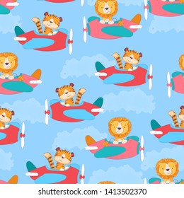 Seamless pattern cute tiger and leon on the plane in cartoon style. Hand drawing.