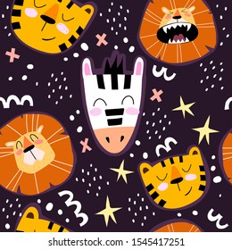 Seamless pattern with cute tiger, lion, zebra, decor elements on a neutral background. Vector. hand drawing animals. baby design for fabrics, textiles, prints, wrappers