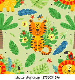 nahtloses Muster mit süßem Tiger und Löwe - Vektorgrafik, EPS
