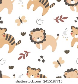 Seamless pattern with cute tiger, lion, decor elements. simple flat vector. Hand drawing for children. animal theme. baby design for fabric, textile, wrapper, print.	