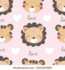 Nahtloses Muster mit süßem Tiger, Löwe, Deko-Elementen. einfache flache Vektorgrafik. Handzeichnung für Kinder. Tierthema. Babydesign für Gewebe, Textilien, Wrapper, Druck.