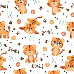 Seamless Pattern With Cute Tiger, Muzzles Tiger Cub With Brown Stripes, Symbol Of New 2022 Year On White Background. Vector Illustration For Postcard, Banner, Web, Decor, Design, Arts, Calendar.