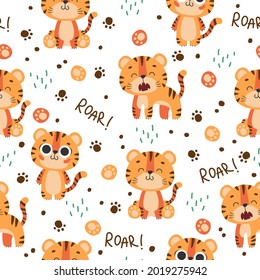 Seamless pattern with cute tiger, muzzles tiger cub with brown stripes, symbol of new 2022 year on white background. Vector illustration for postcard, banner, web, decor, design, arts, calendar.