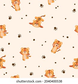 Seamless pattern with cute tiger, muzzles tiger cub with brown stripes, symbol of new 2022 year on yellow background. Vector illustration for postcard, banner, web, decor, design, arts, calendar.