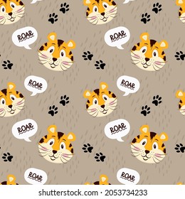 Seamless pattern with cute tiger, muzzles tiger cub with brown stripes, symbol of new 2022 year on white background. Vector illustration for postcard, banner, web, decor, design, arts, calendar.