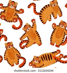 Seamless pattern with cute tiger, muzzles tiger cub with brown stripes, symbol of new 2022 year