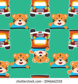 seamless pattern of cute  tiger on a road trip truck, Can be used for t-shirt print, kids wear, Creative vector childish background for fabric, textile, nursery wallpaper, and other decoration.