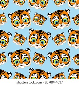 Seamless pattern with cute tiger on a blue background.