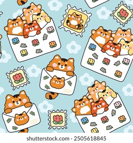 Seamless pattern cute tiger in paper mail have flower and leaf cartoon background.Message.Card.Wild animal character.Kawaii.Vector.Illustration.