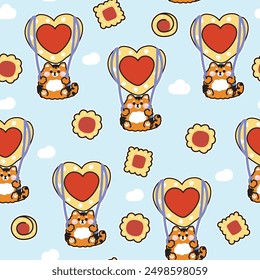 Seamless pattern of cute tiger parachute strawberry jam heart cookies shape cartoon hand drawn sky cloud background.Bakery,sweet,dessert.Wild animal character.Kawaii.Vector.Illustration.